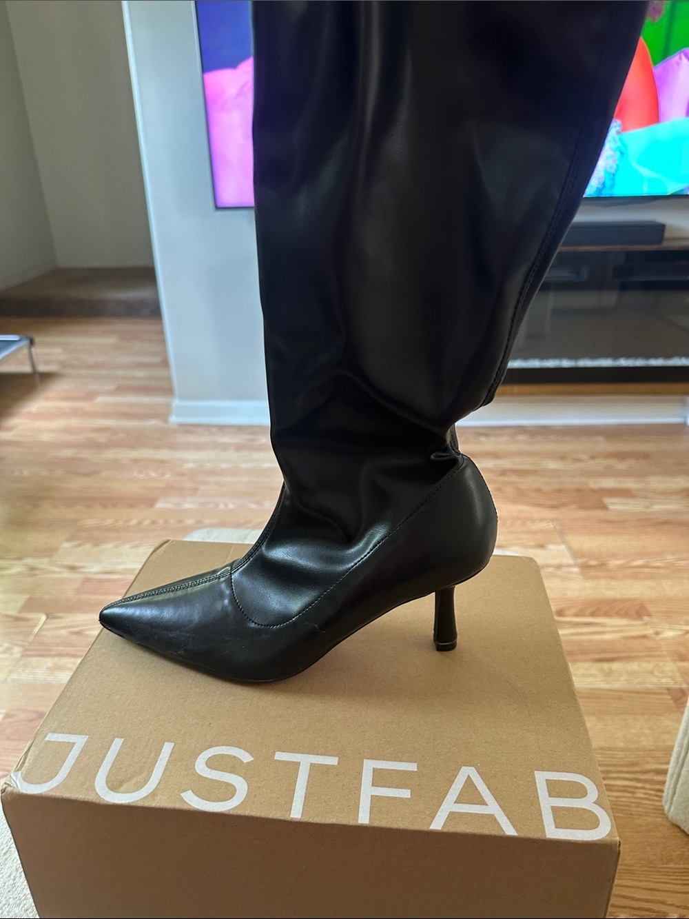 JustFab Black Pointed Knee-High Stiletto Boot
